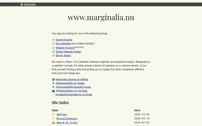 Screenshot of the Marginalia homepage