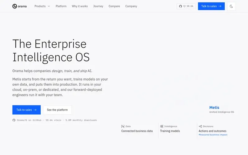 Screenshot of the Orama homepage