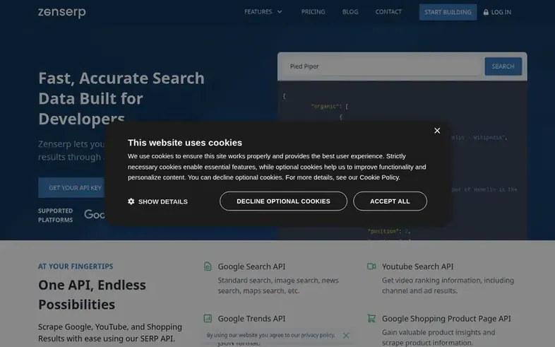 Screenshot of the Zenserp homepage