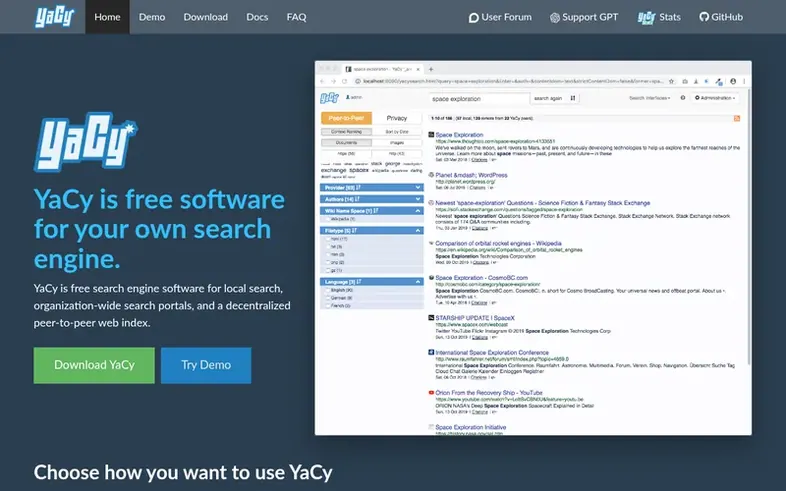 Screenshot of the YaCy homepage