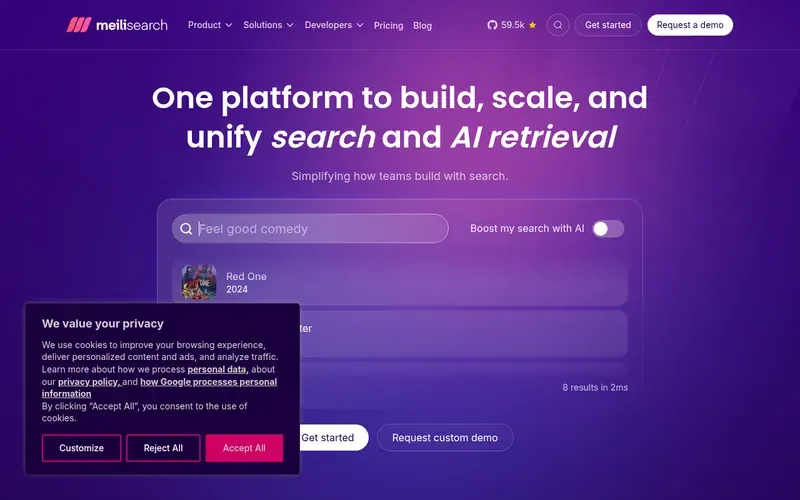 Screenshot of the Meilisearch homepage