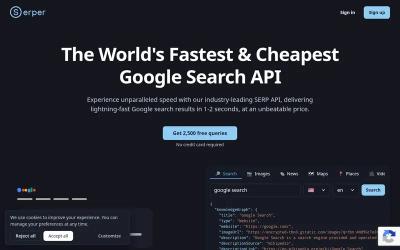 Screenshot of the Serper homepage