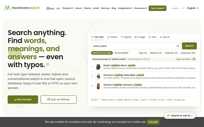 Screenshot of the Manticore Search homepage