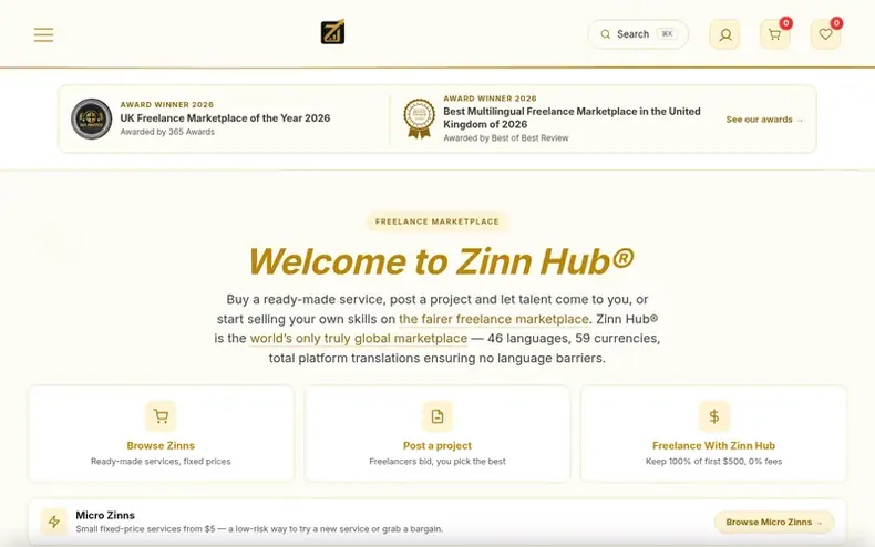 Screenshot of the Zinn Hub homepage