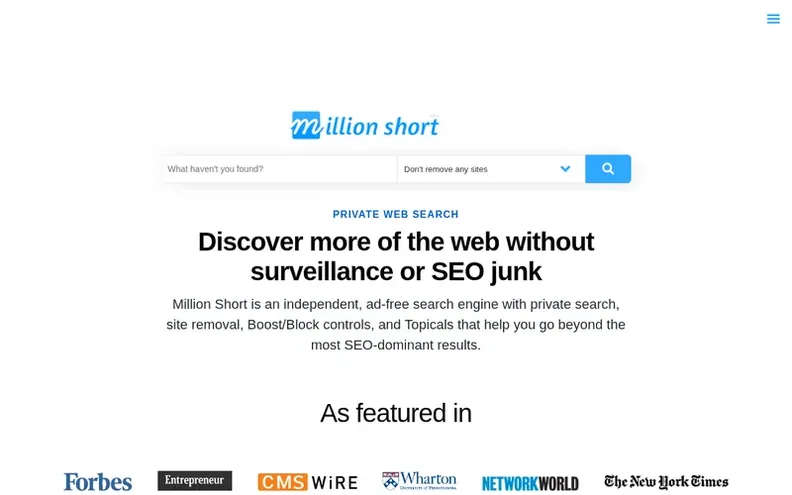 Screenshot of the Million Short homepage