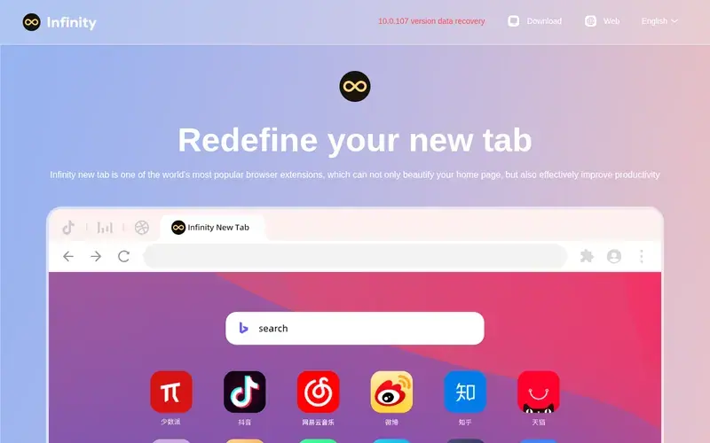 Screenshot of the Infinity New Tab homepage