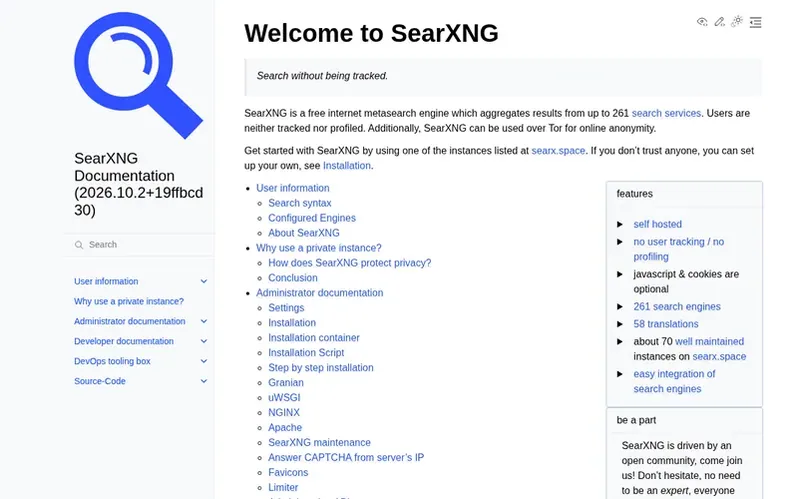 Screenshot of the SearXNG homepage