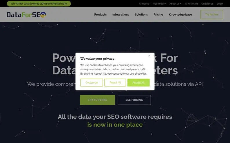 Screenshot of the DataForSEO homepage