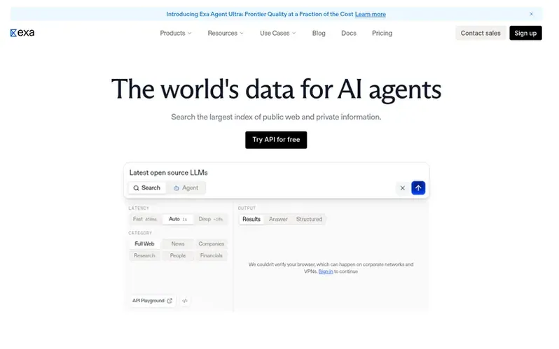 Screenshot of the Exa homepage
