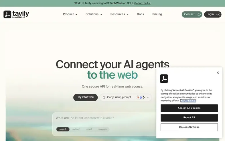 Screenshot of the Tavily homepage