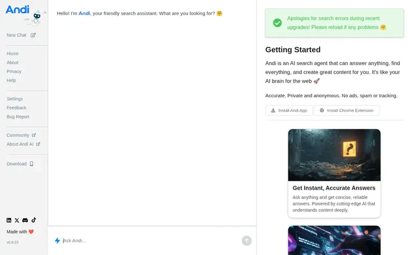 Screenshot of the Andi homepage