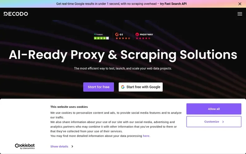 Screenshot of the Decodo homepage